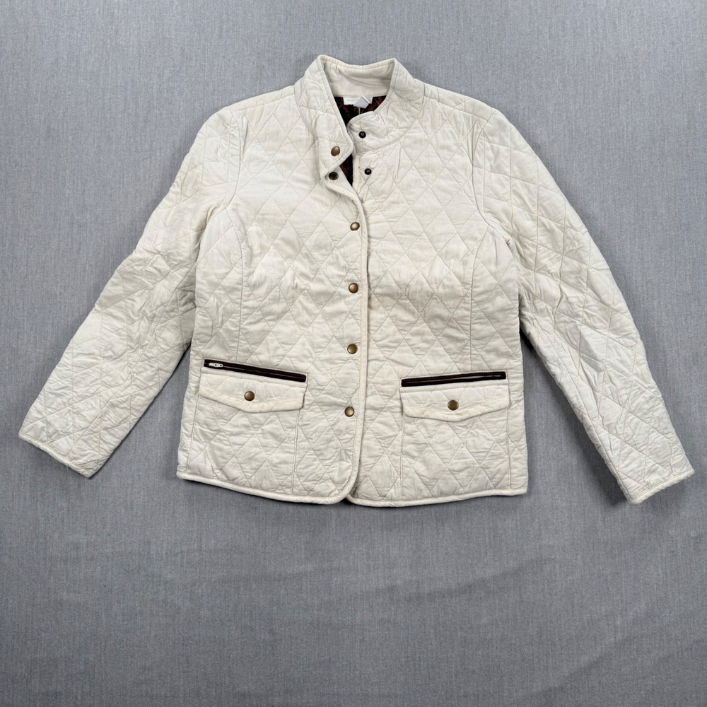 Charter Club Womens Cream Quilted‎ Corduroy Jacket Leopard Lining Medium